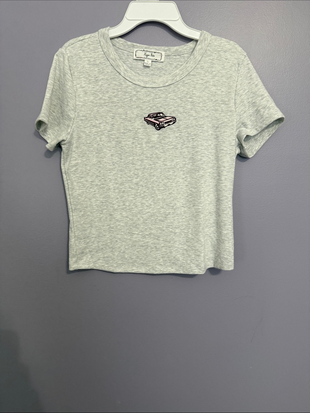 Hippie Rose Heather Gray Cropped Tee with Pink Car Embroidery